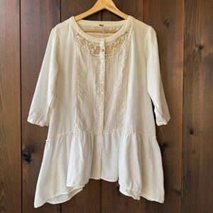 FREE PEOPLE LACE EMBROIDERED COTTON PEASANT TOP